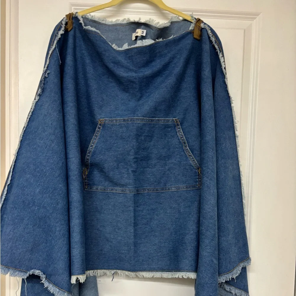 Denim Poncho with Frayed Edges - Picture 1 of 3